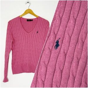 Polo Ralph Lauren Pink Cable Knit V Neck Sweater Womens Large Cotton